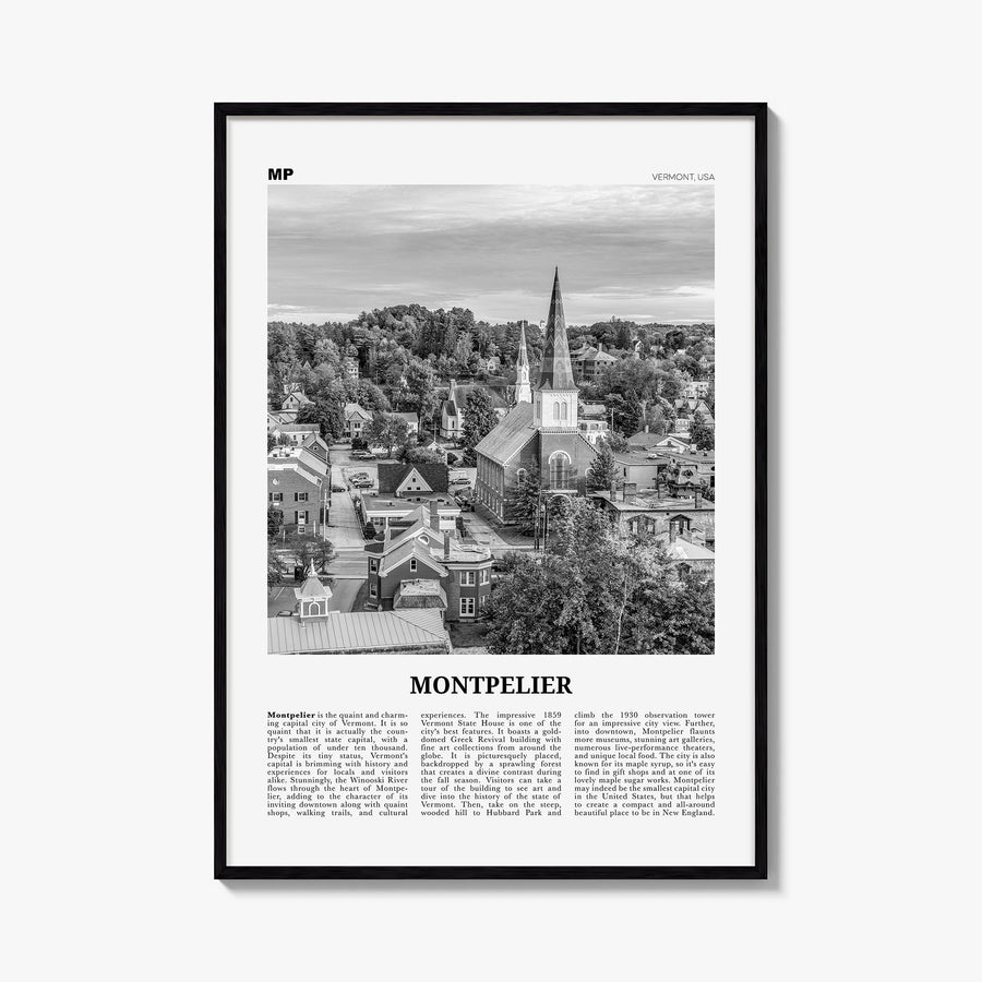 Montpelier black & white newspaper poster of Vermont, USA – vertical wall art, unframed print shown in interior mockup