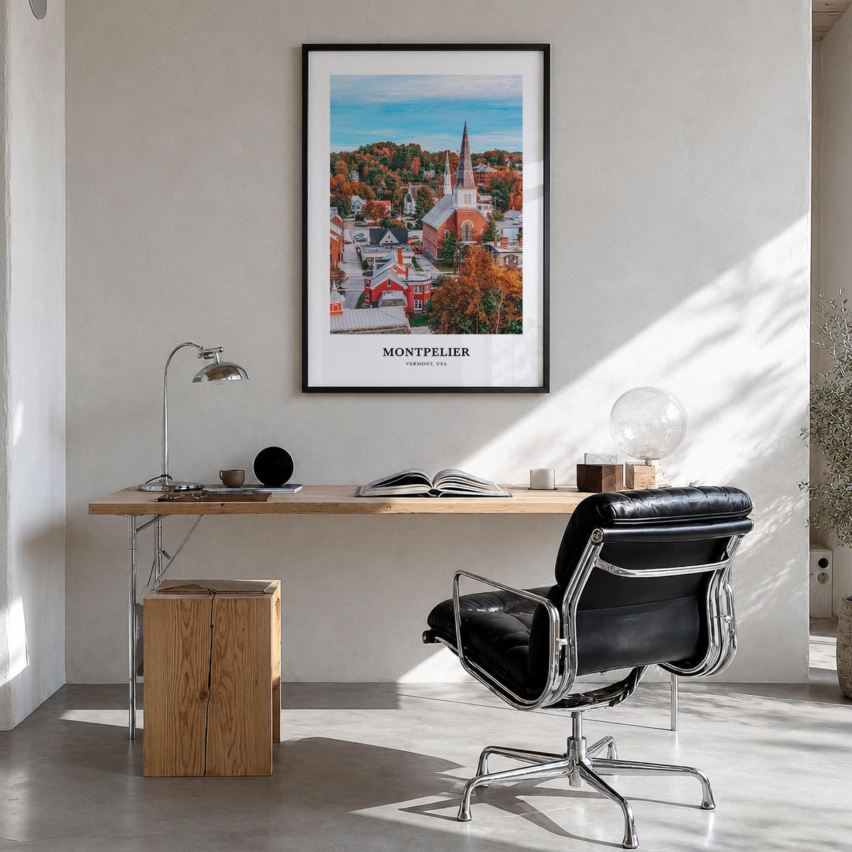 Montpelier colorful classic poster of Vermont, USA – vertical wall art in black wood frame, hanging on wall