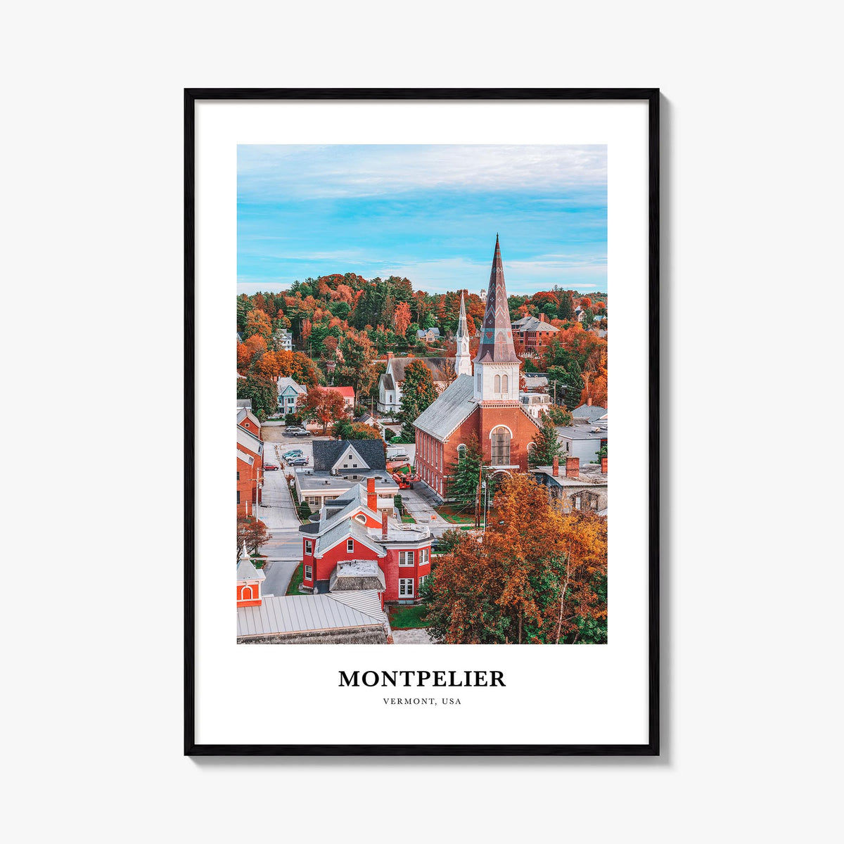 Montpelier colorful classic poster of Vermont, USA – vertical wall art, unframed print shown in interior mockup