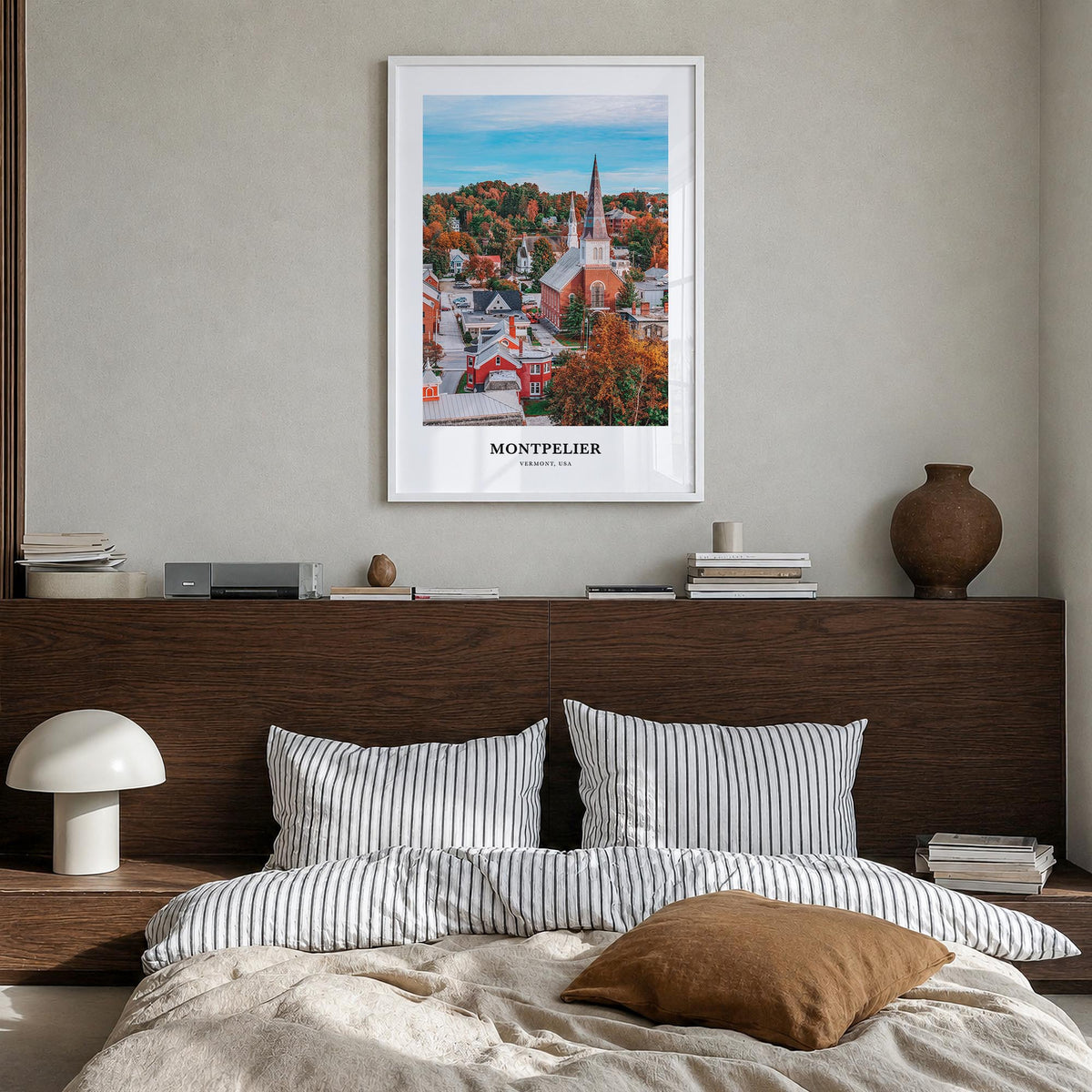 Montpelier colorful classic poster of Vermont, USA – vertical wall art in white wood frame, hanging on wall
