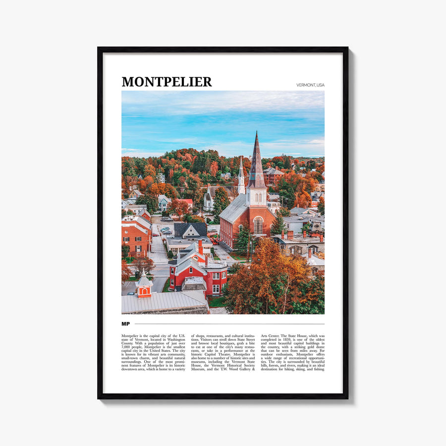 Montpelier colorful travel poster of Vermont, USA – vertical wall art, unframed print shown in interior mockup