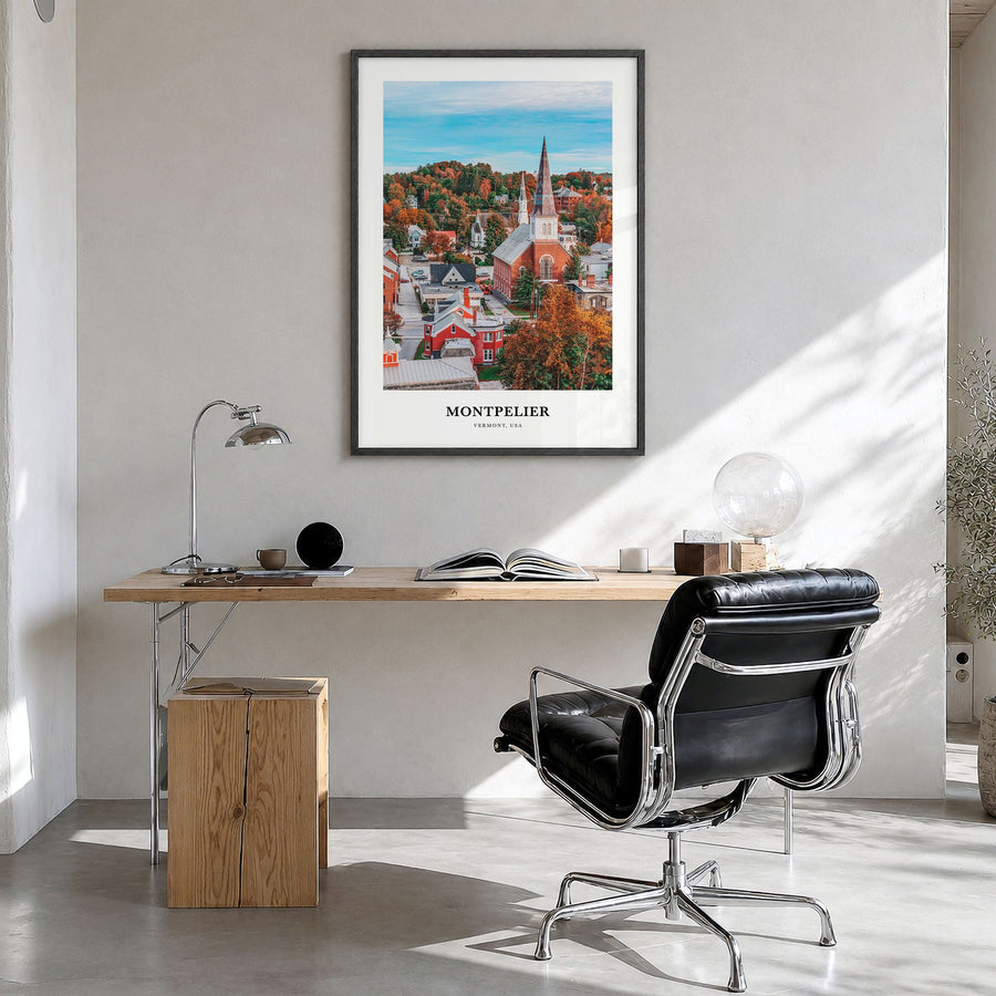 Montpelier Classic Poster in a black wood frame, hanging in a bright home office