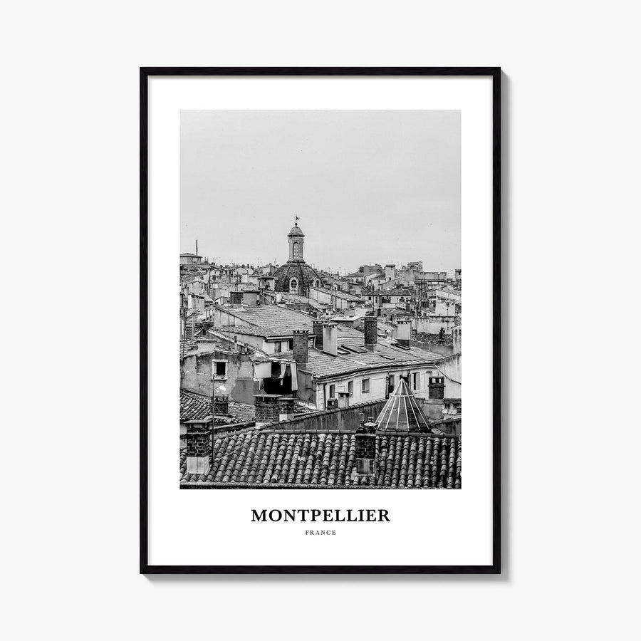 Montpellier black & white classic poster of France – vertical wall art, unframed print shown in interior mockup