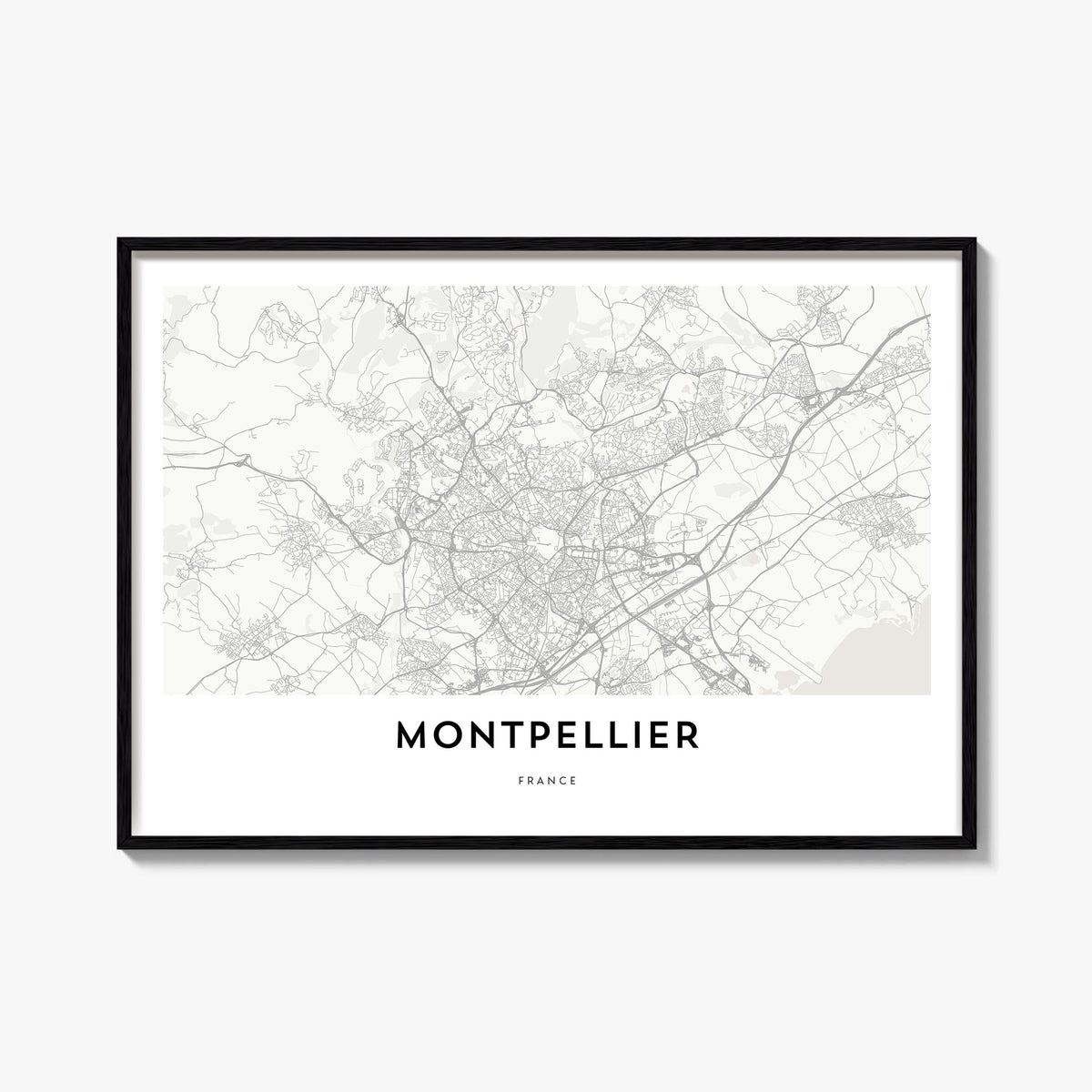 Montpellier black & white map poster of France – horizontal wall art, unframed print shown in interior mockup