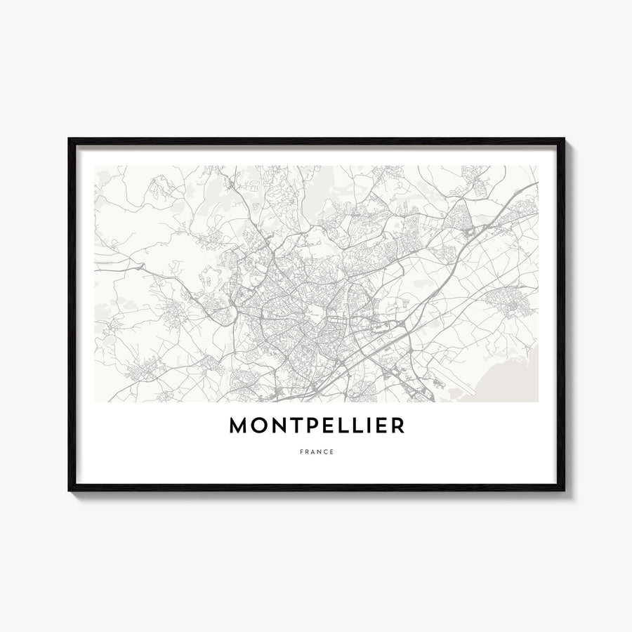 Montpellier black & white map poster of France – horizontal wall art, unframed print shown in interior mockup