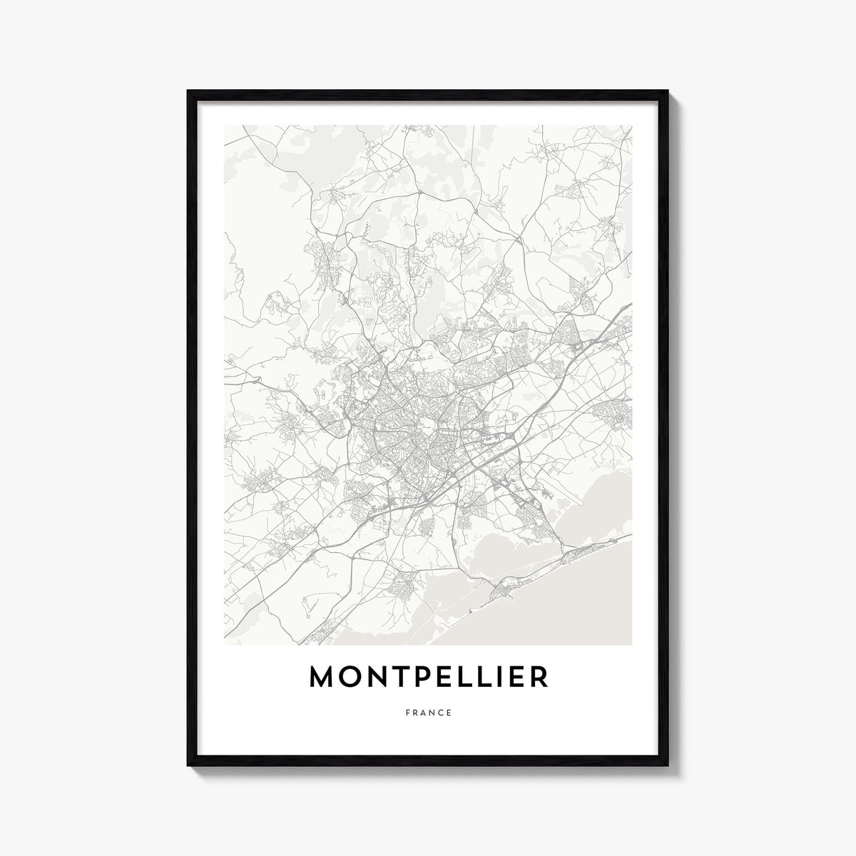 Montpellier black & white map poster of France – vertical wall art, unframed print shown in interior mockup