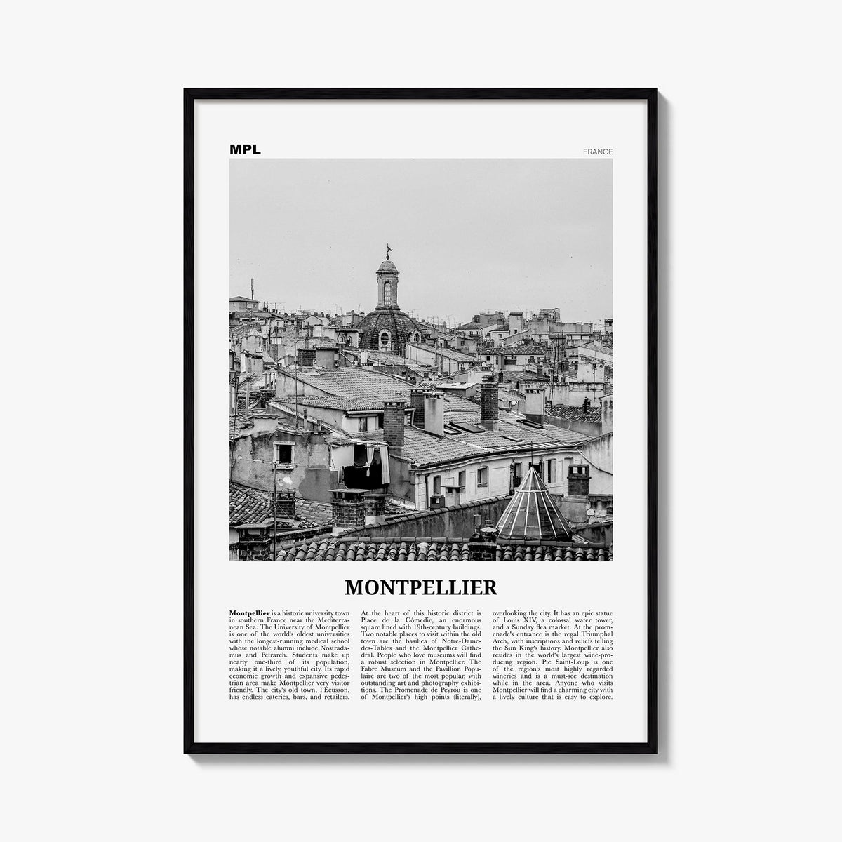 Montpellier black & white newspaper poster of France – vertical wall art, unframed print shown in interior mockup
