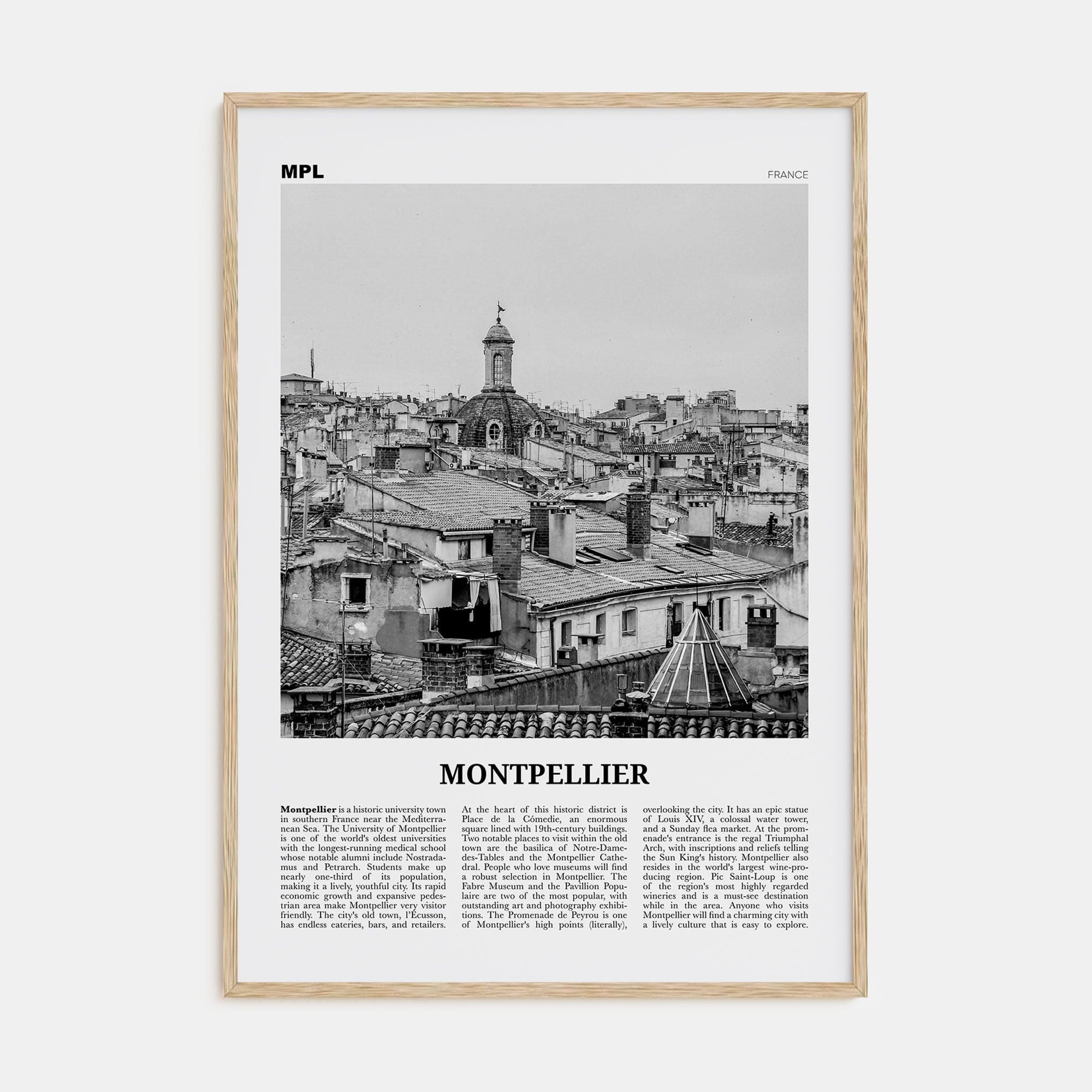 Montpellier Poster Natural Wood / 8x12 in Nbourhood Travel B&W Poster