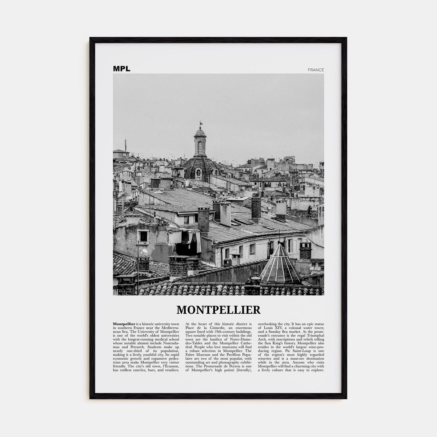 Montpellier Poster Black Wood / 8x12 in Nbourhood Travel B&W Poster