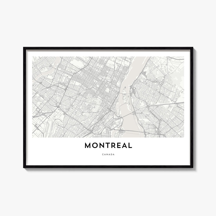 Montreal black & white map poster of Quebec, Canada – horizontal wall art, unframed print shown in interior mockup