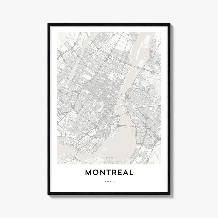 Montreal black & white map poster of Quebec, Canada – vertical wall art, unframed print shown in interior mockup