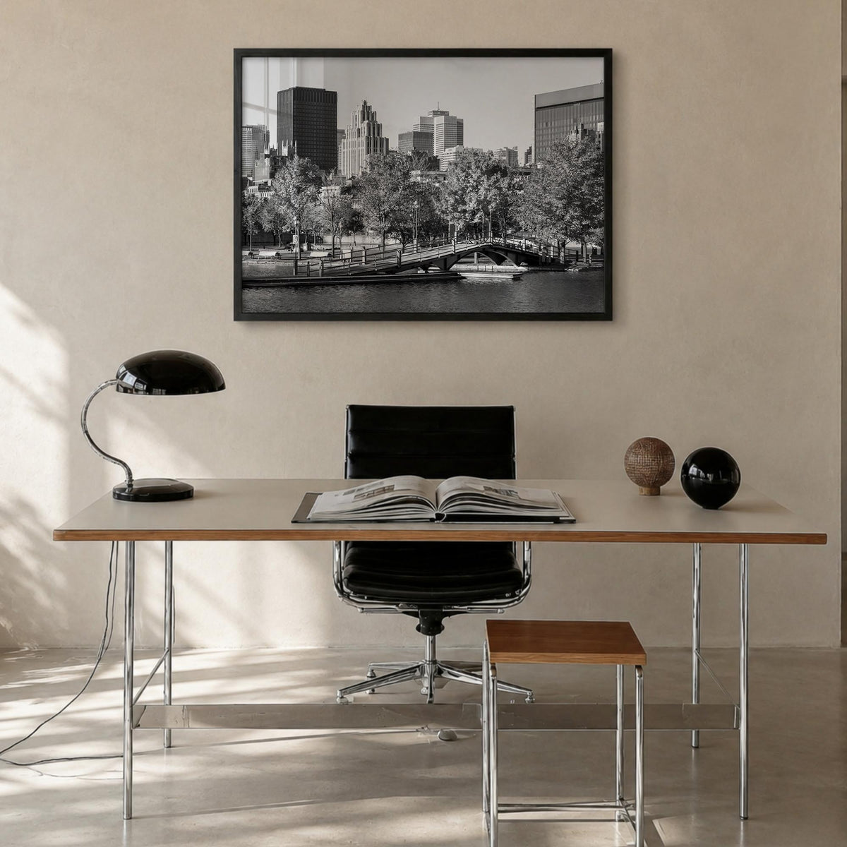 Montreal black & white photo poster of Quebec, Canada – horizontal wall art in black wood frame, hanging on wall