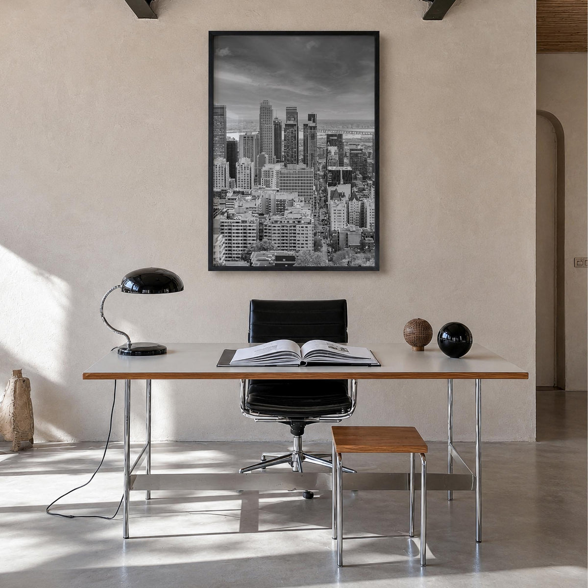 Montreal black & white photo poster of Quebec, Canada – vertical wall art in black wood frame, hanging on wall