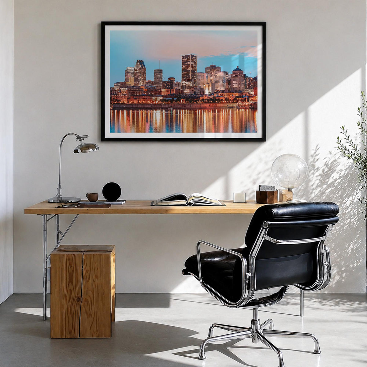 Montreal colorful photo poster of Quebec, Canada – horizontal wall art in black wood frame with white border, hanging on wall