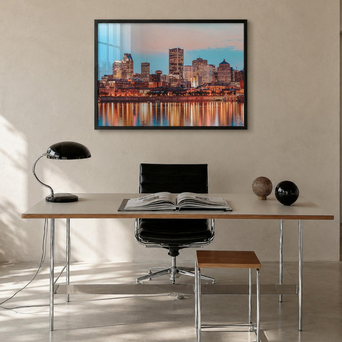 Montreal colorful photo poster of Quebec, Canada – horizontal wall art in black wood frame, hanging on wall