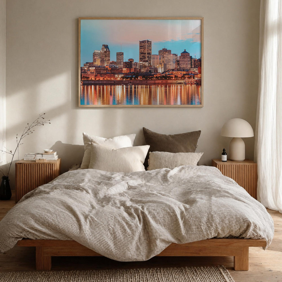 Montreal colorful photo poster of Quebec, Canada – horizontal wall art in natural wood frame, hanging on wall