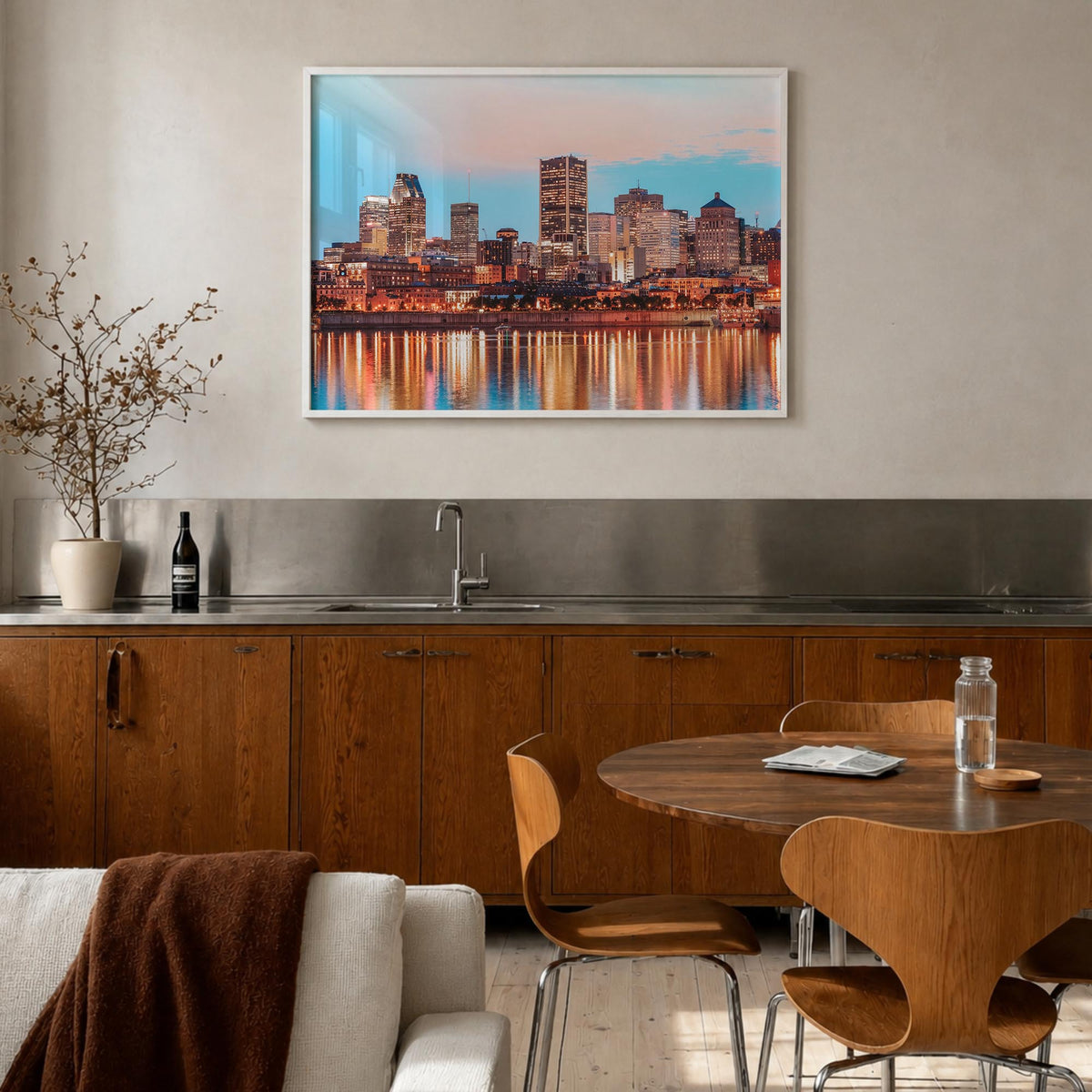 Montreal colorful photo poster of Quebec, Canada – horizontal wall art in white wood frame, hanging on wall