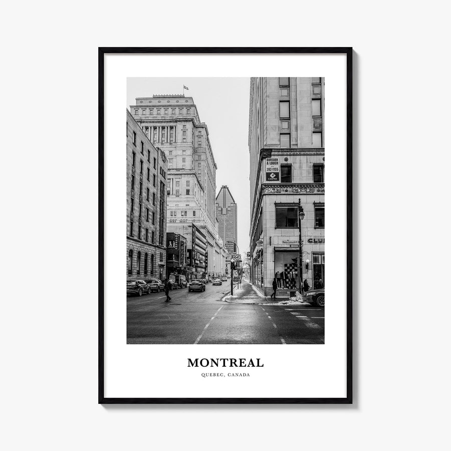 Montreal no. 1 black & white classic poster of Quebec, Canada – vertical wall art, unframed print shown in interior mockup
