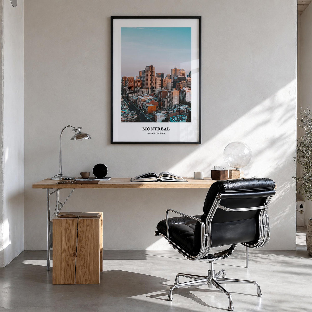 Montreal no. 1 colorful classic poster of Quebec, Canada – vertical wall art in black wood frame, hanging on wall