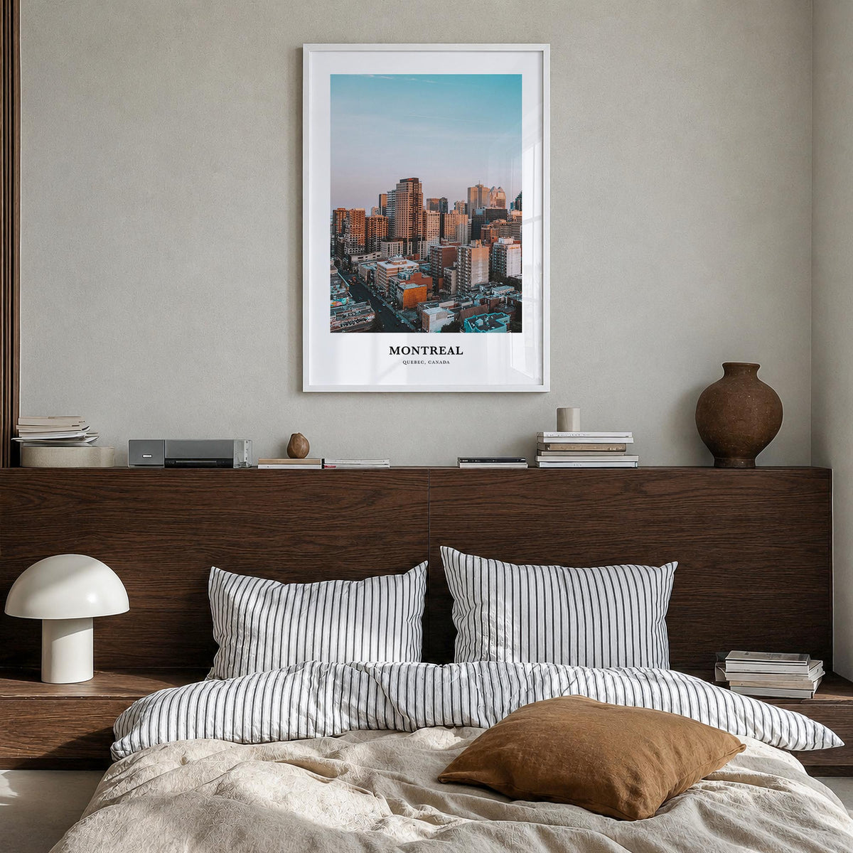Montreal no. 1 colorful classic poster of Quebec, Canada – vertical wall art in white wood frame, hanging on wall