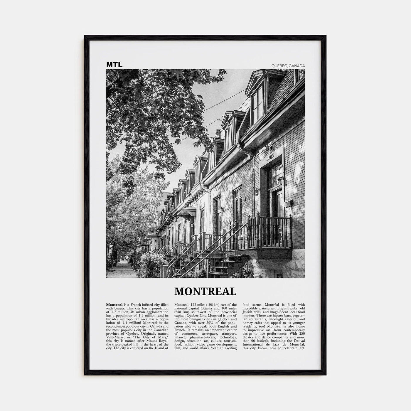 Montreal No 1 Poster Black Wood / 8x12 in Nbourhood Travel B&W Poster