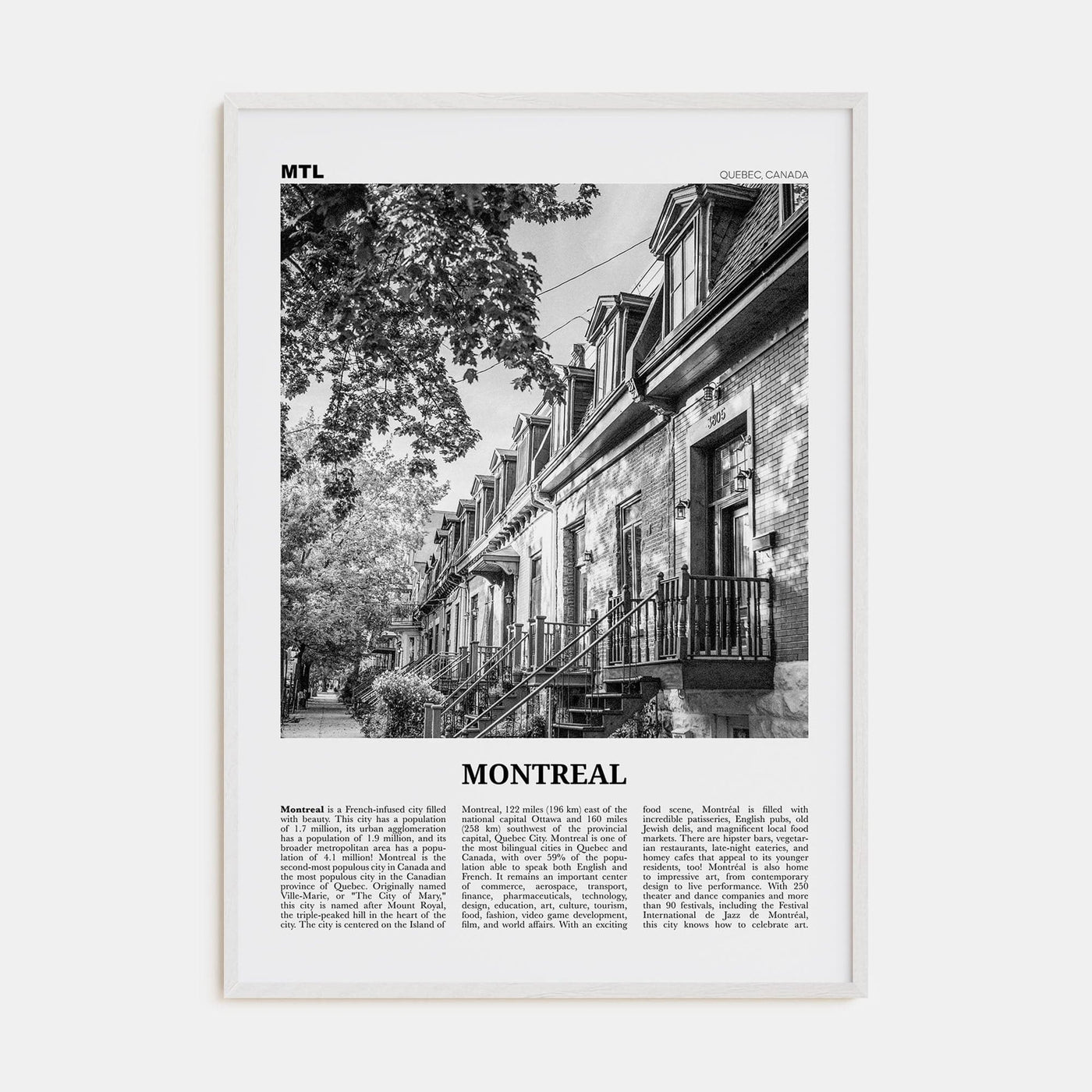 Montreal No 1 Poster White Wood / 8x12 in Nbourhood Travel B&W Poster