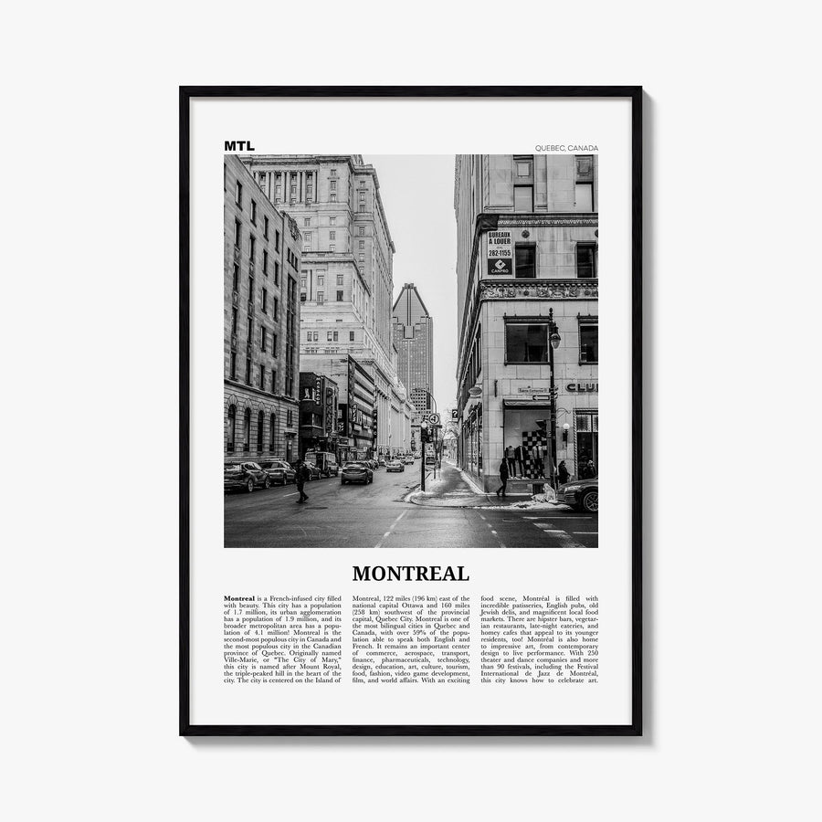 Montreal no. 2 black & white newspaper poster of Quebec, Canada – vertical wall art, unframed print shown in interior mockup