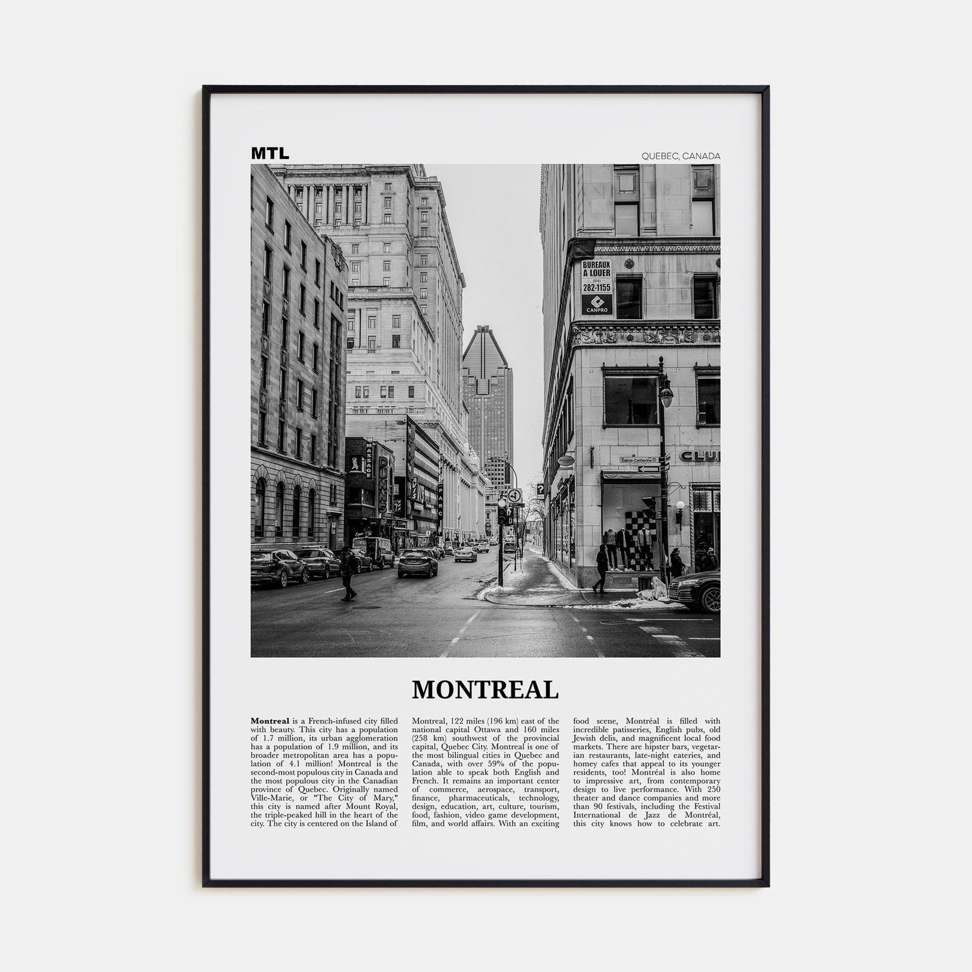 Montreal No 2 Poster Black Metal / 8x12 in Nbourhood Travel B&W Poster