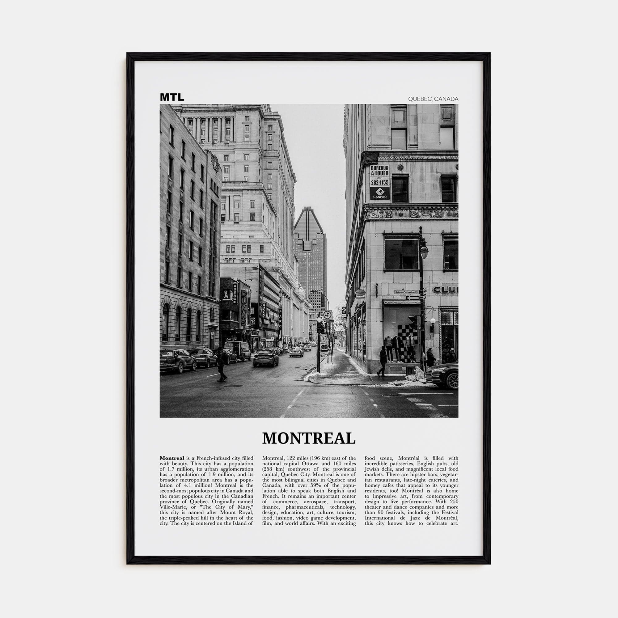 Montreal No 2 Poster Black Wood / 8x12 in Nbourhood Travel B&W Poster