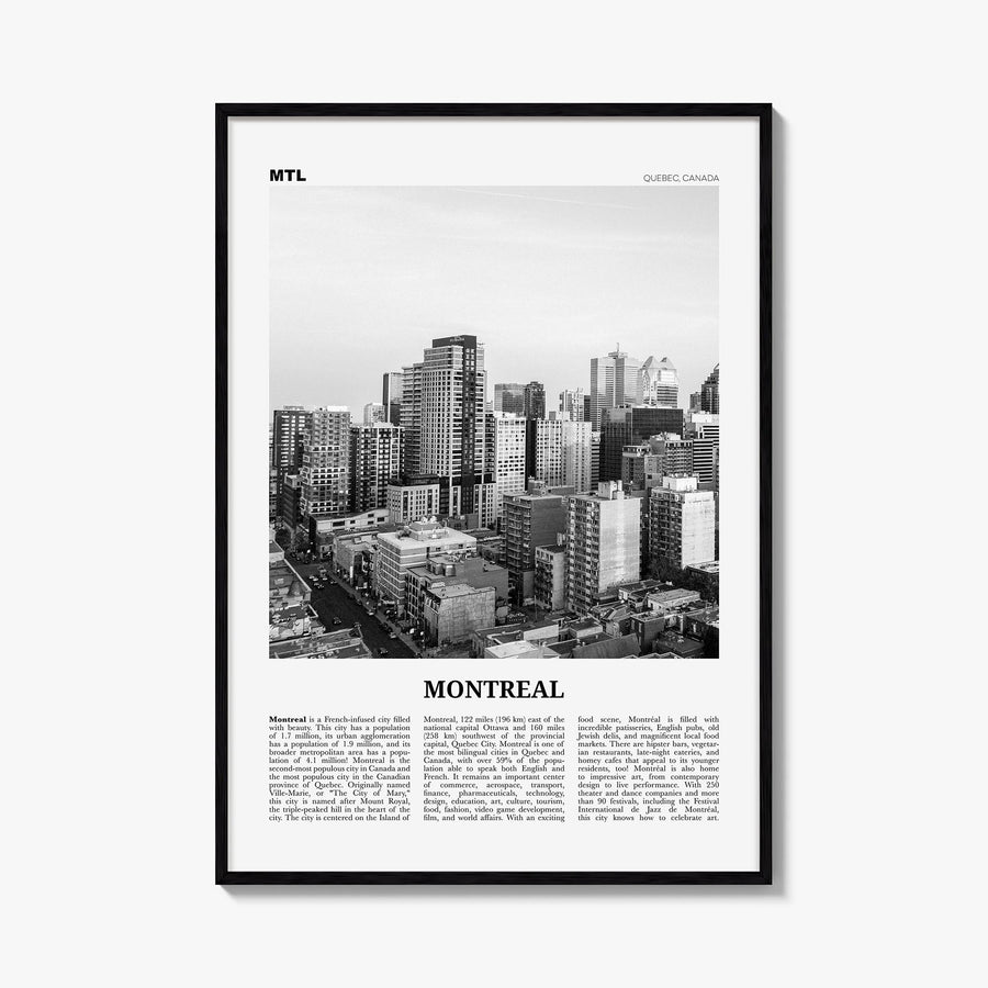 Montreal no. 3 black & white newspaper poster of Quebec, Canada – vertical wall art, unframed print shown in interior mockup