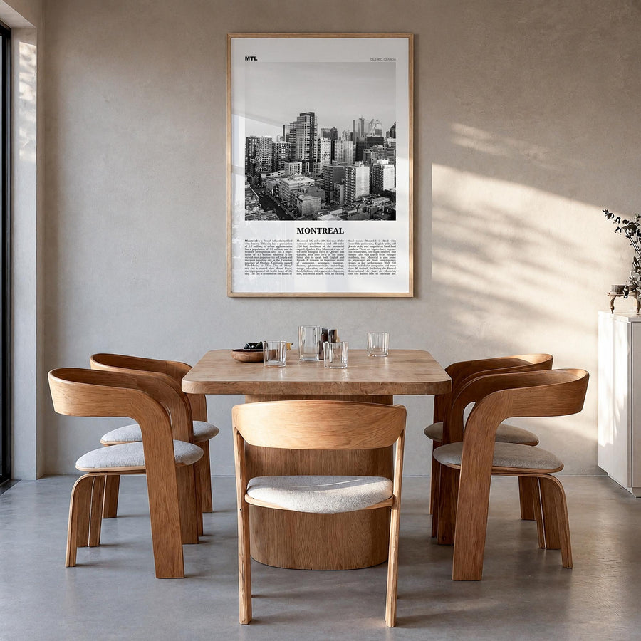 Montreal no. 3 black & white newspaper poster of Quebec, Canada – vertical wall art in natural wood frame, hanging on wall