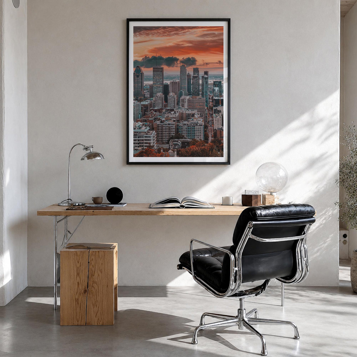 Montreal no. 3 colorful photo poster of Quebec, Canada – vertical wall art in black wood frame with white border, hanging on 