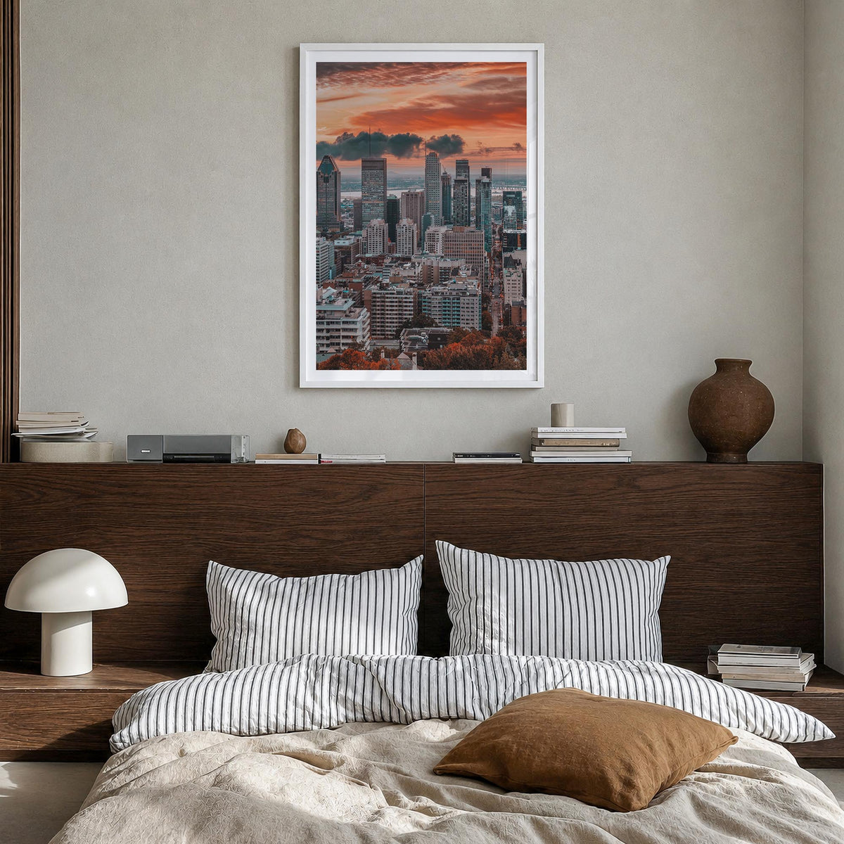 Montreal no. 3 colorful photo poster of Quebec, Canada – vertical wall art in white wood frame with white border, hanging on 