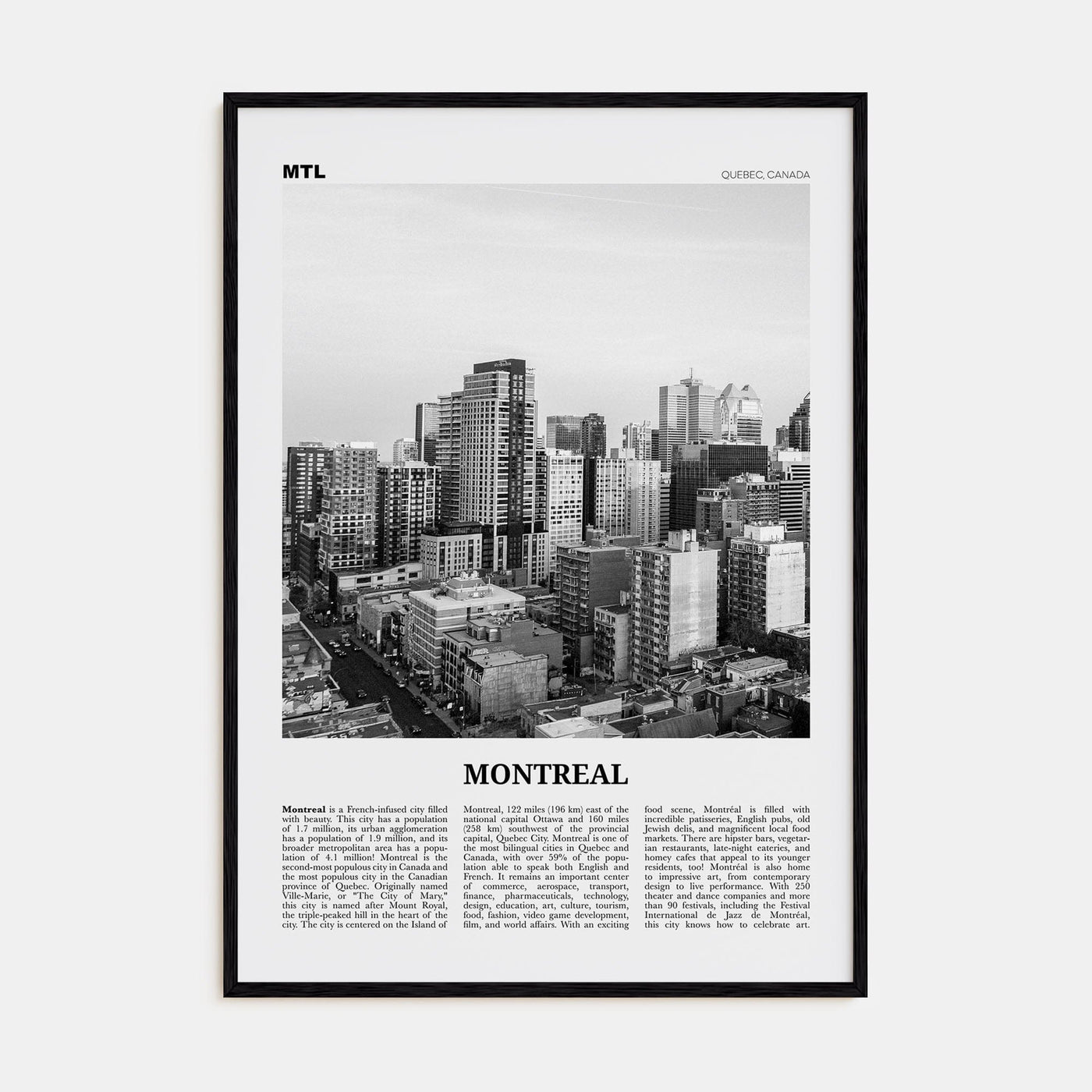 Montreal No 3 Poster Black Wood / 8x12 in Nbourhood Travel B&W Poster