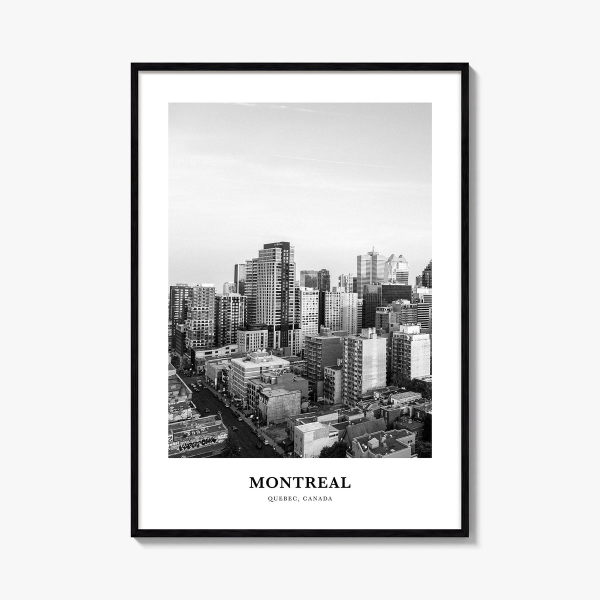 Montreal no. 4 black & white classic poster of Quebec, Canada – vertical wall art, unframed print shown in interior mockup