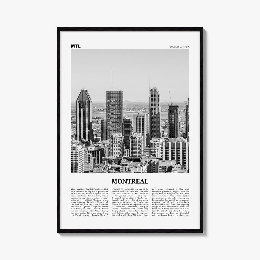 Montreal no. 4 black & white newspaper poster of Quebec, Canada – vertical wall art, unframed print shown in interior mockup