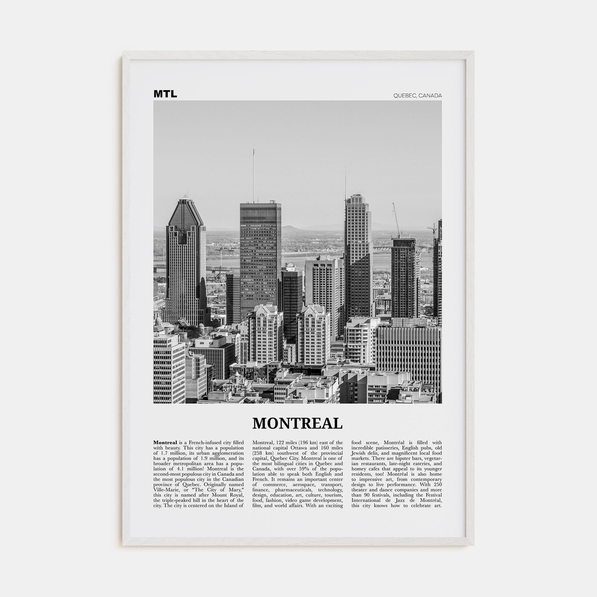 Montreal No 4 Poster White Wood / 8x12 in Nbourhood Travel B&W Poster