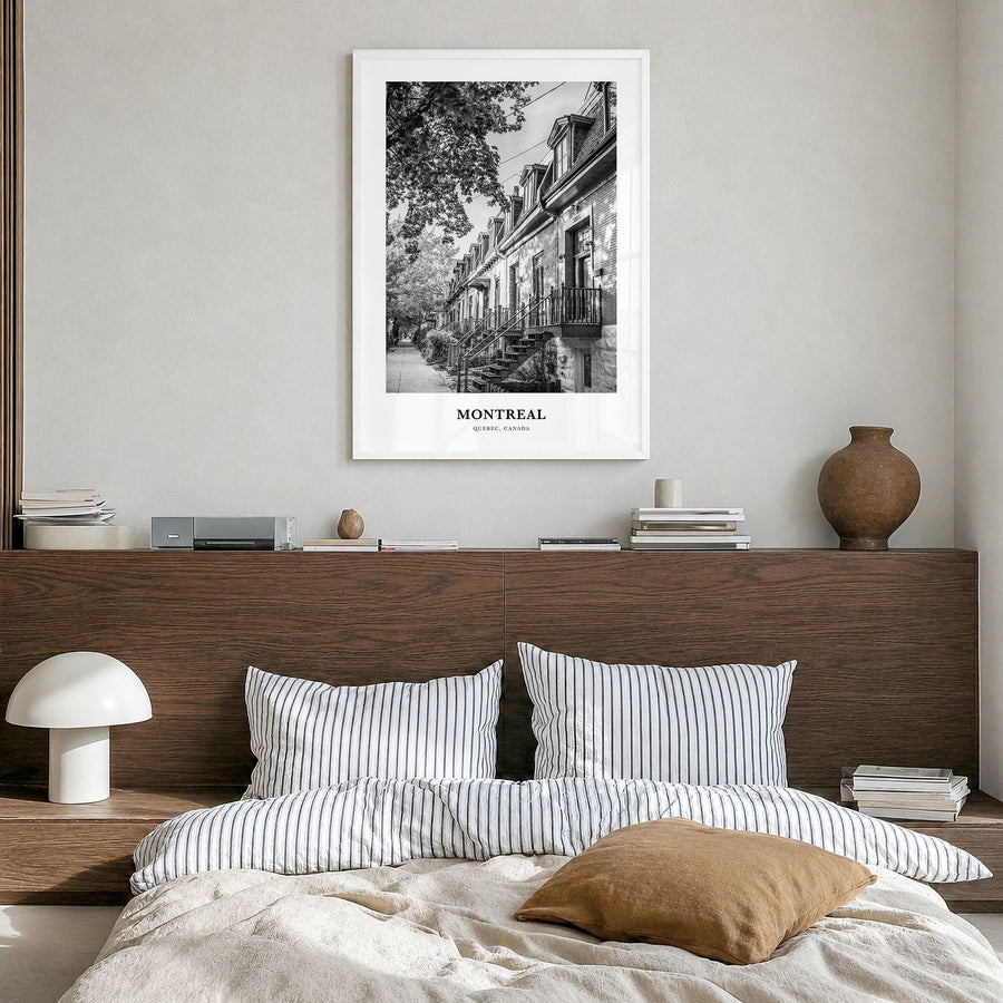 Montreal Classic No 3 Poster in a white wood frame, hanging in a bedroom