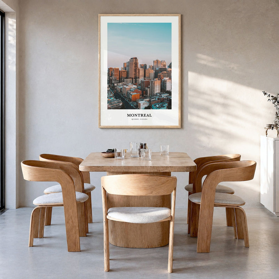 Montreal Classic No 1 Poster in a natural wood frame, hanging in a dining room
