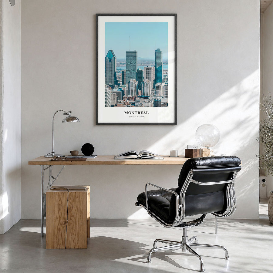 Montreal Classic No 2 Poster in a black wood frame, hanging in a bright home office
