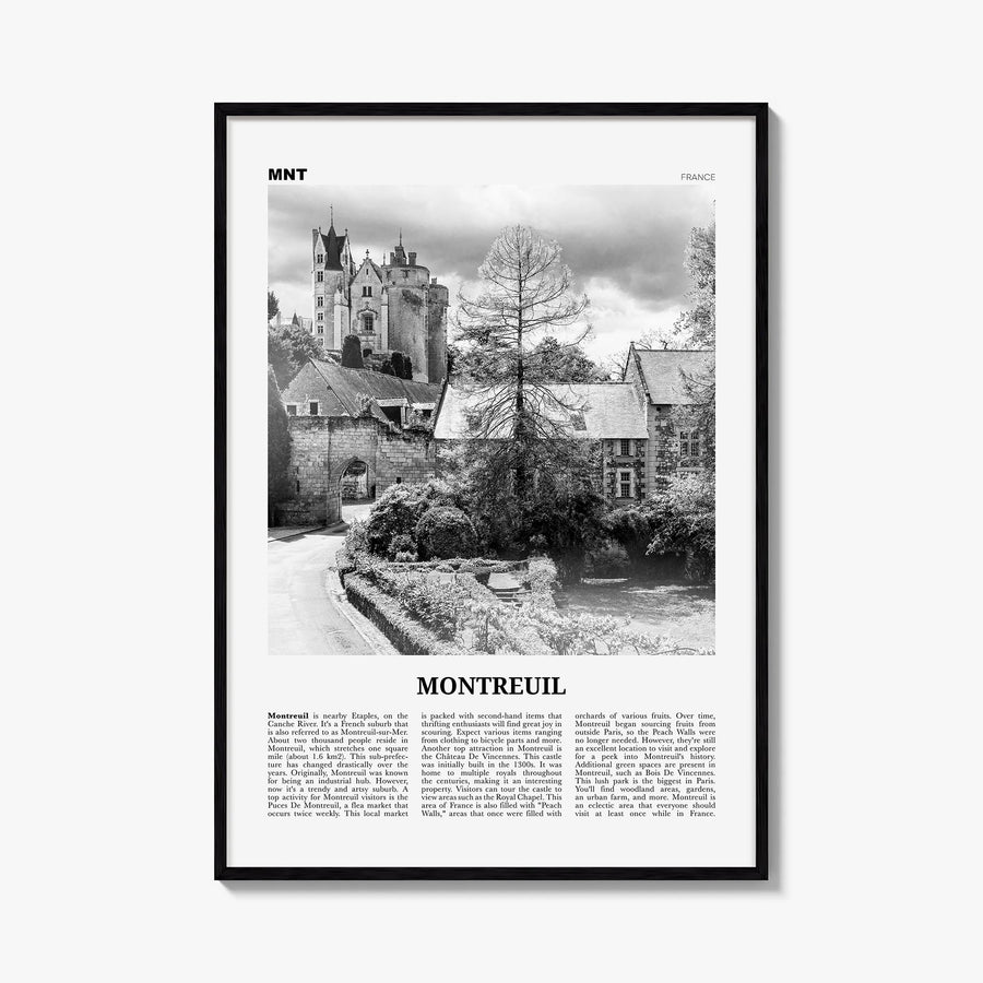 Montreuil black & white newspaper poster of France – vertical wall art, unframed print shown in interior mockup