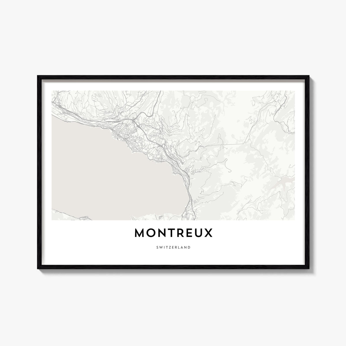 Montreux black & white map poster of Switzerland – horizontal wall art, unframed print shown in interior mockup