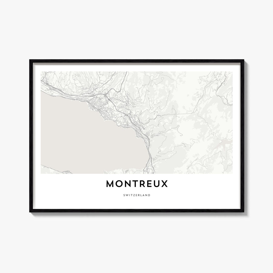 Montreux black & white map poster of Switzerland – horizontal wall art, unframed print shown in interior mockup