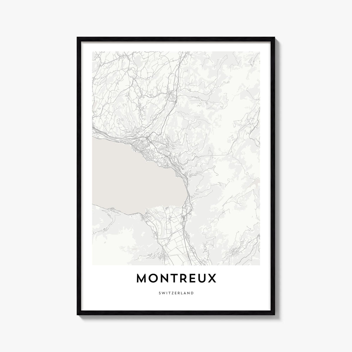 Montreux black & white map poster of Switzerland – vertical wall art, unframed print shown in interior mockup