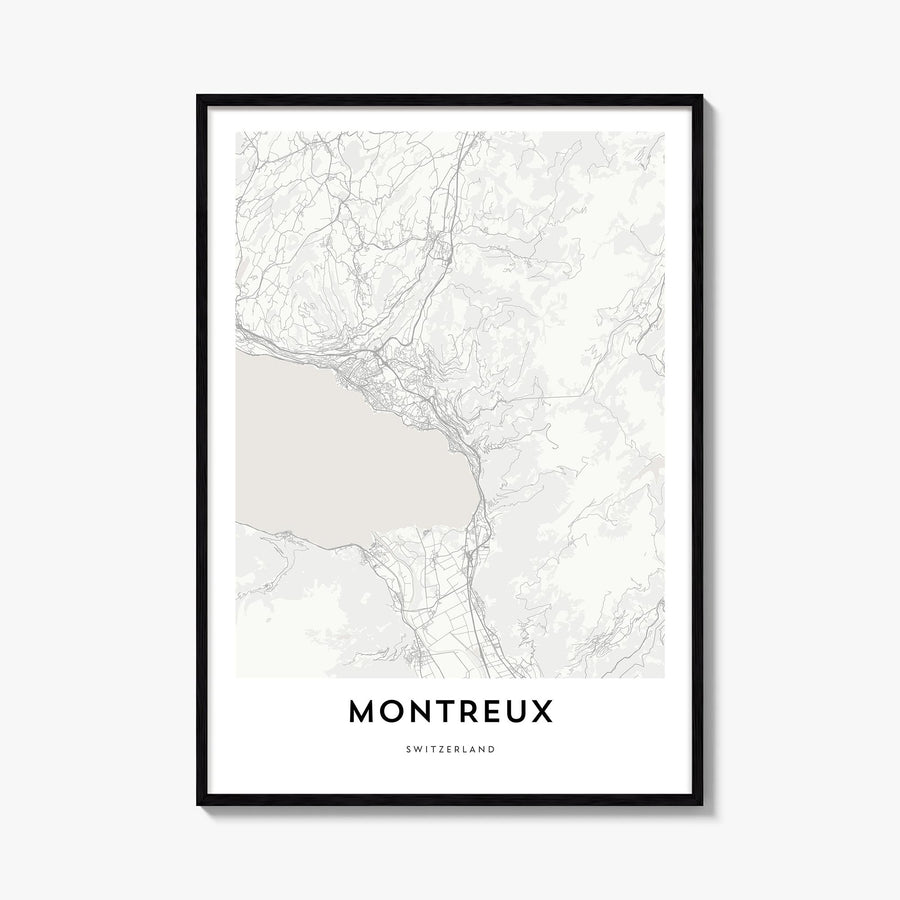 Montreux black & white map poster of Switzerland – vertical wall art, unframed print shown in interior mockup