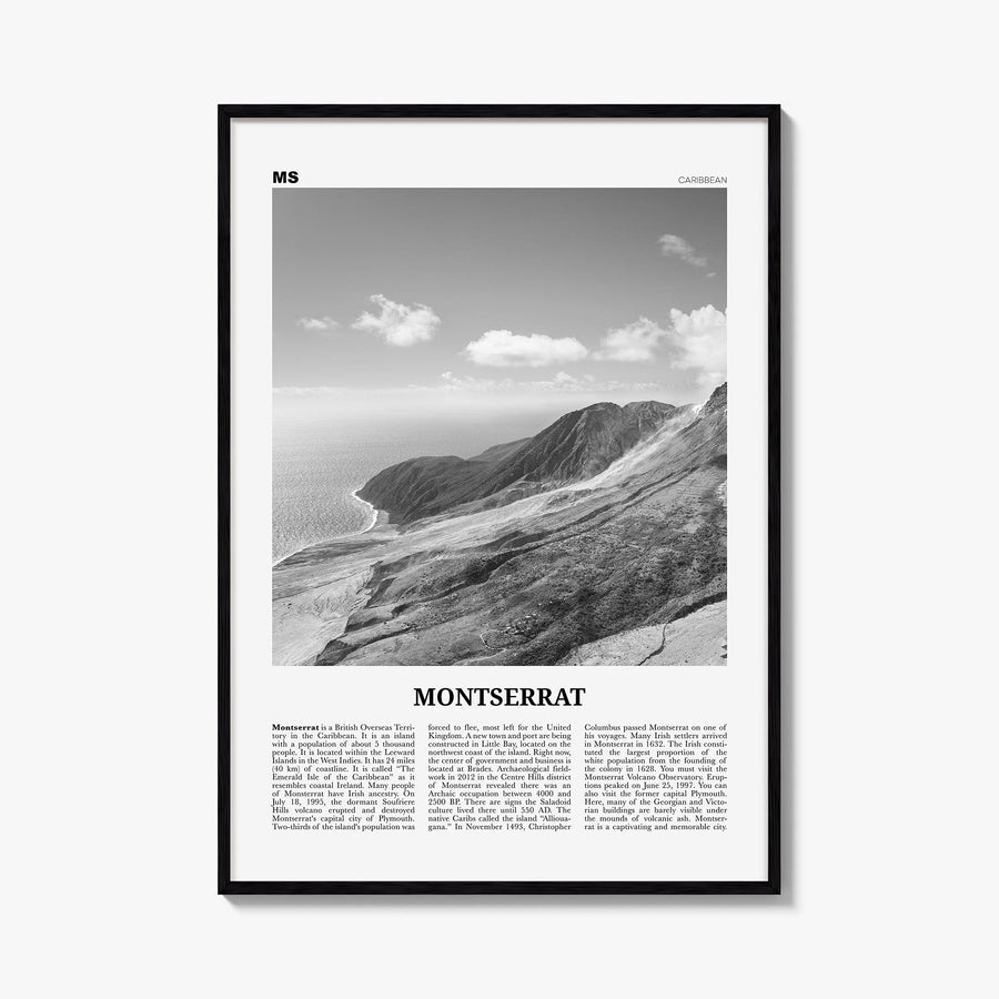 Montserrat black & white newspaper poster of Caribbean – vertical wall art, unframed print shown in interior mockup