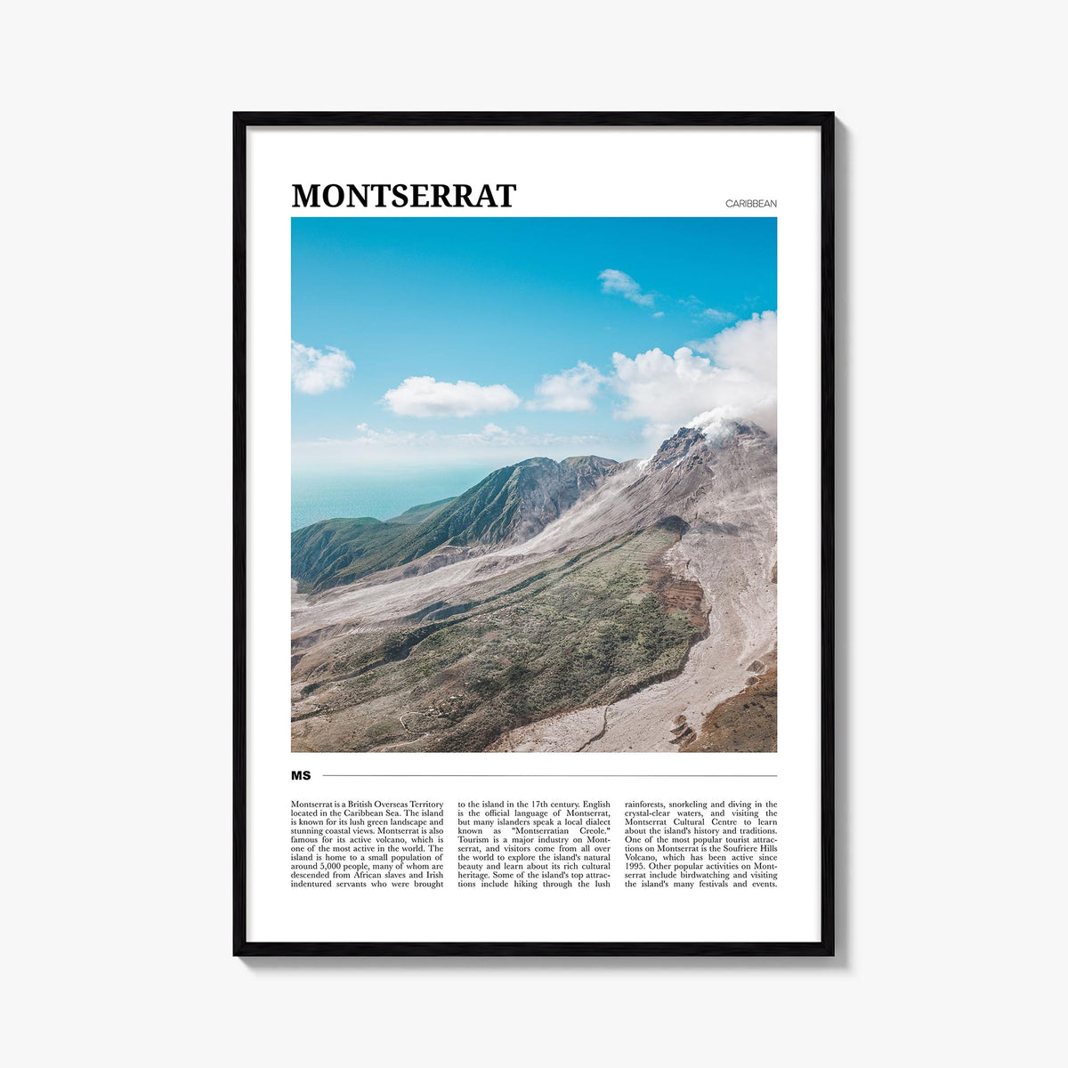 Montserrat colorful travel poster of Caribbean – vertical wall art, unframed print shown in interior mockup