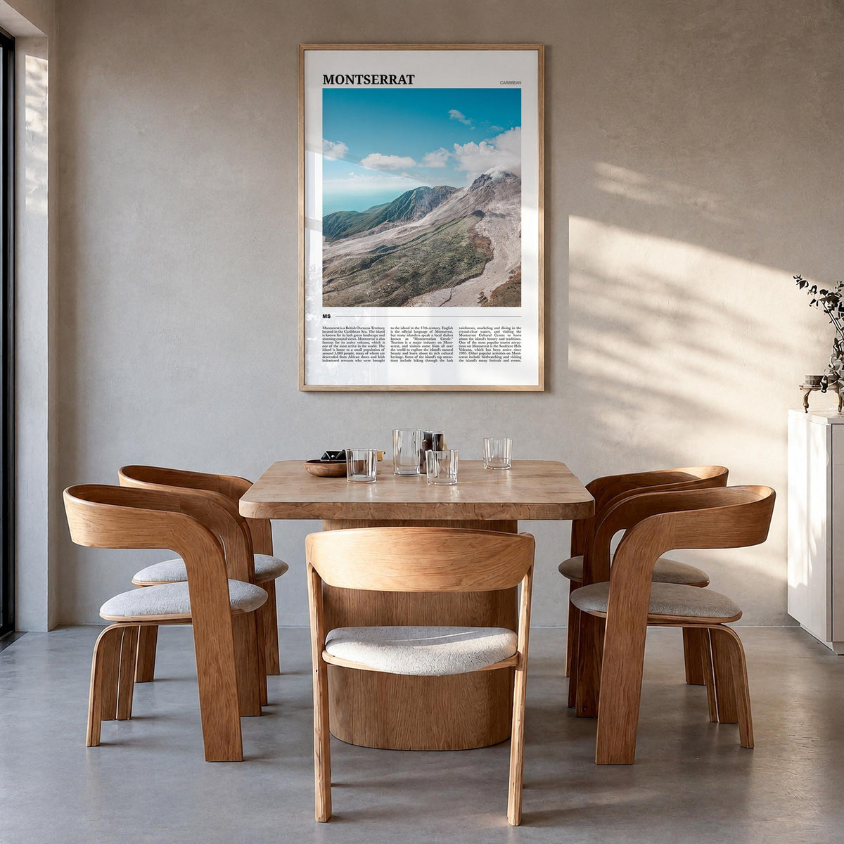 Montserrat colorful travel poster of Caribbean – vertical wall art in natural wood frame, hanging on wall