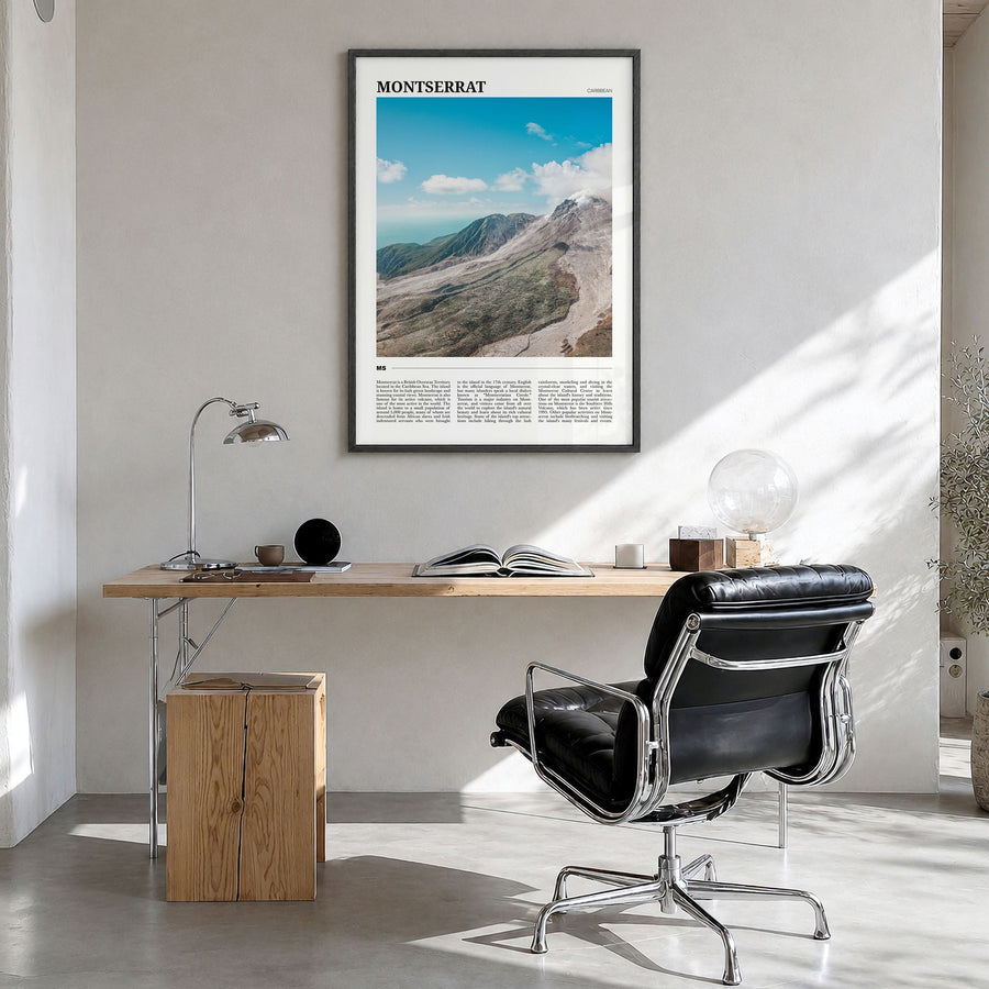 Montserrat, Caribbean Travel Poster in a black wood frame, hanging in a bright home office