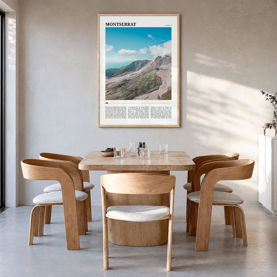 Montserrat, Caribbean Travel Poster in a natural wood frame, hanging in a dining room